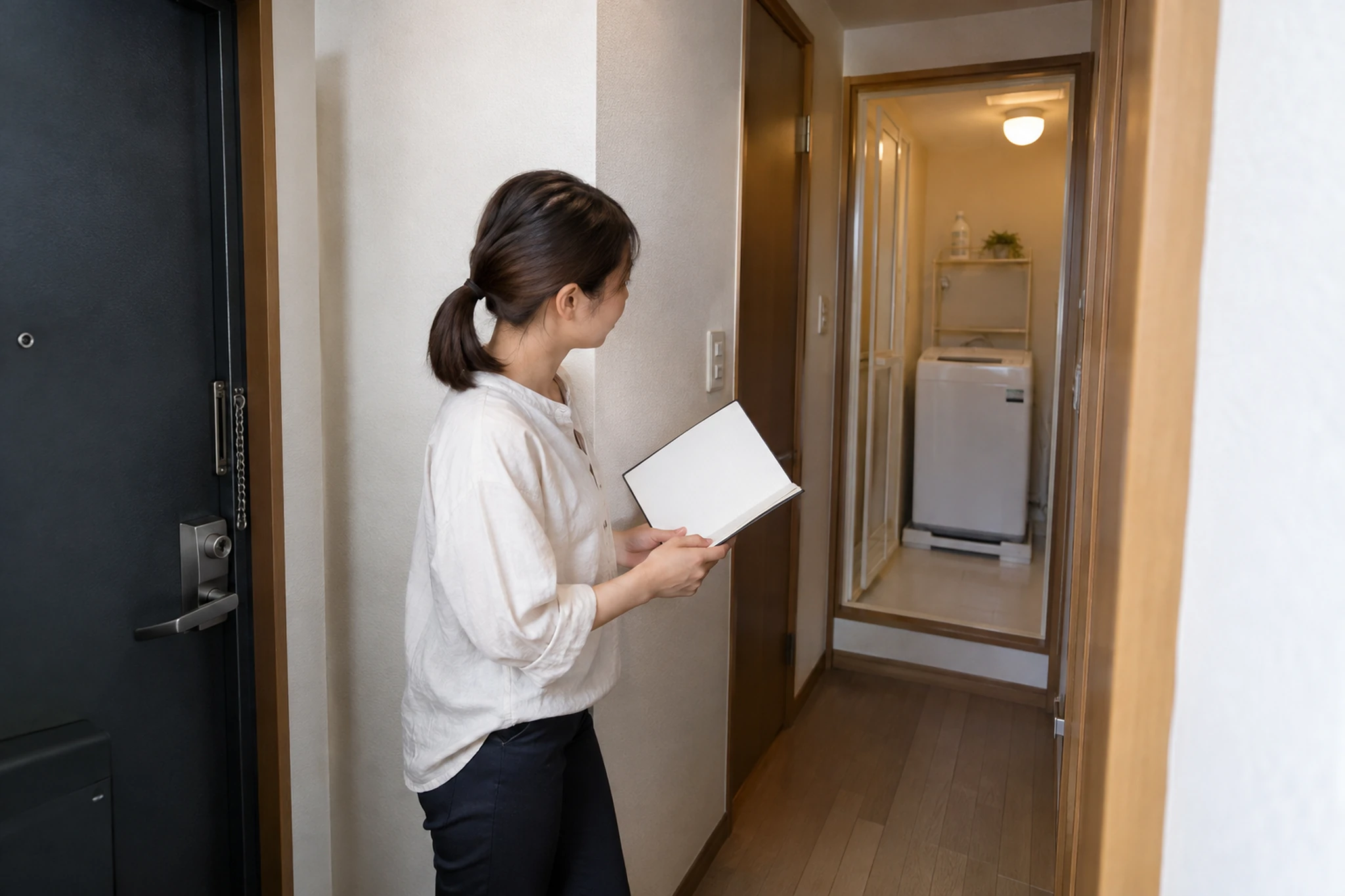 ドラム式と縦型の洗濯機の違いを白紙の比較表で確認する女性