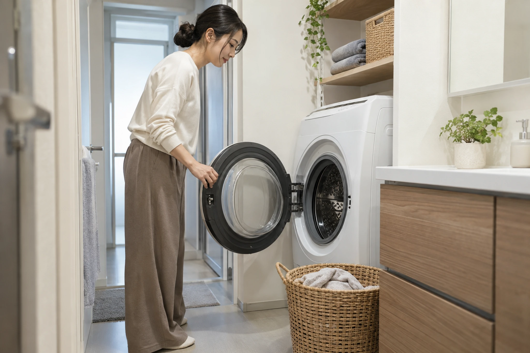 ドラム式洗濯機のドアを開けて洗濯物の出し入れを確認する女性