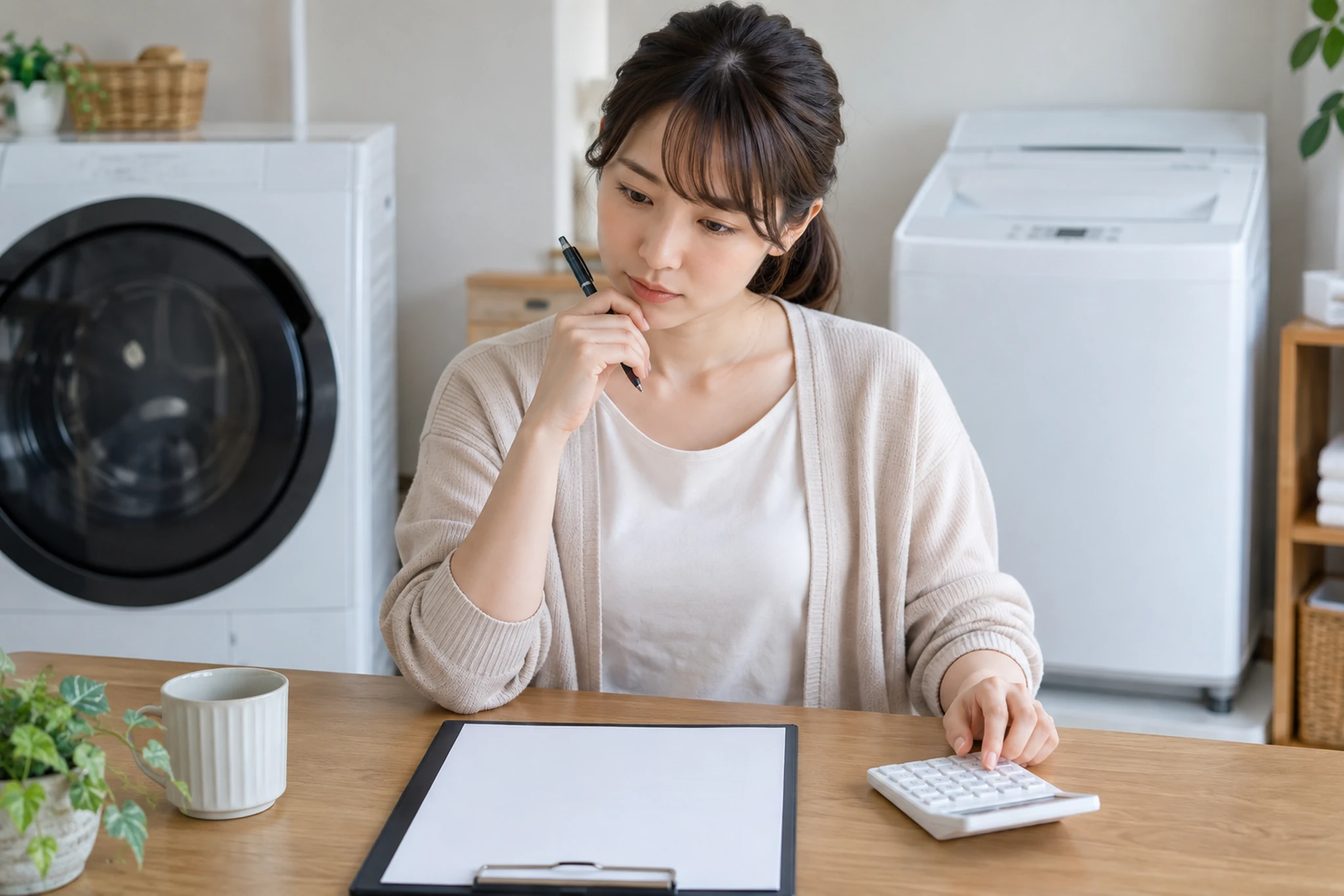 洗濯機の方式を電気代と水道代の計算表で比べる女性