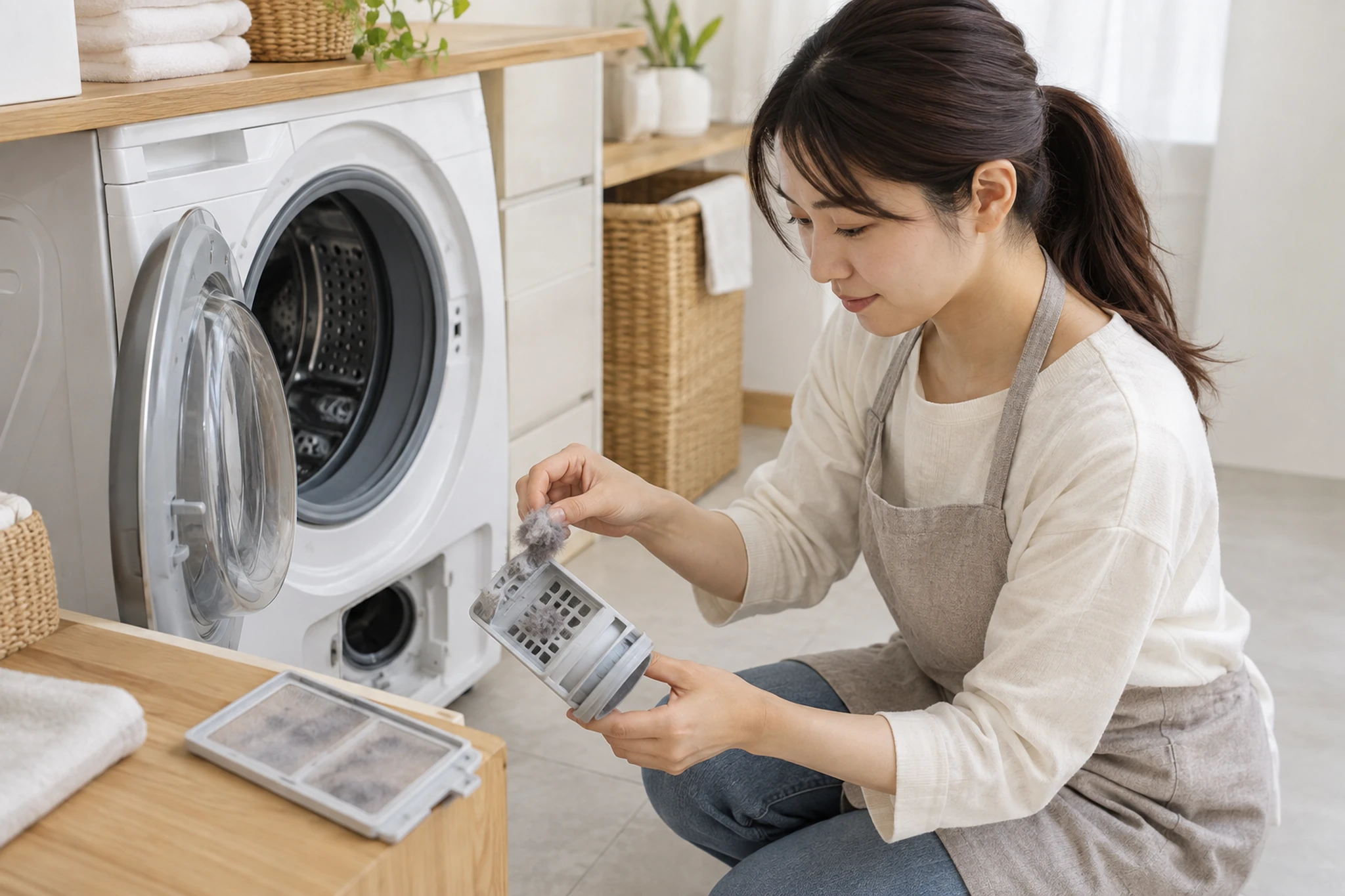 洗濯機の乾燥フィルターを外して手入れする女性