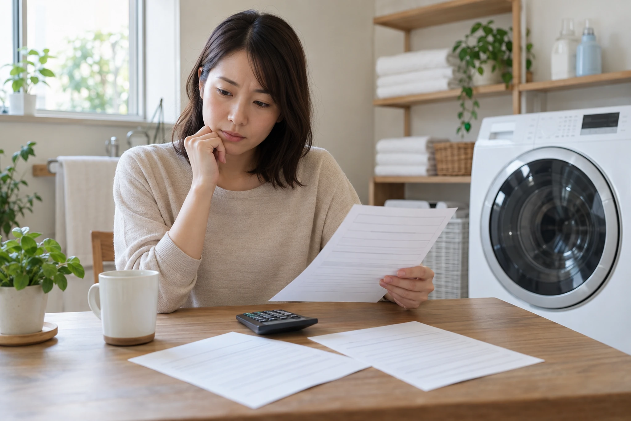 ドラム式と縦型の洗濯機を生活時間と費用で比較する女性