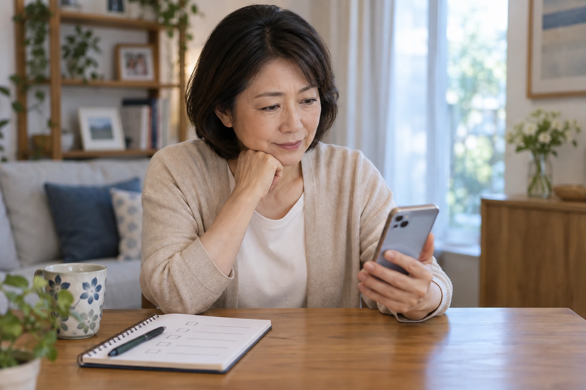 安否確認の内容をノートに書き出しながらスマートフォンを確認する女性