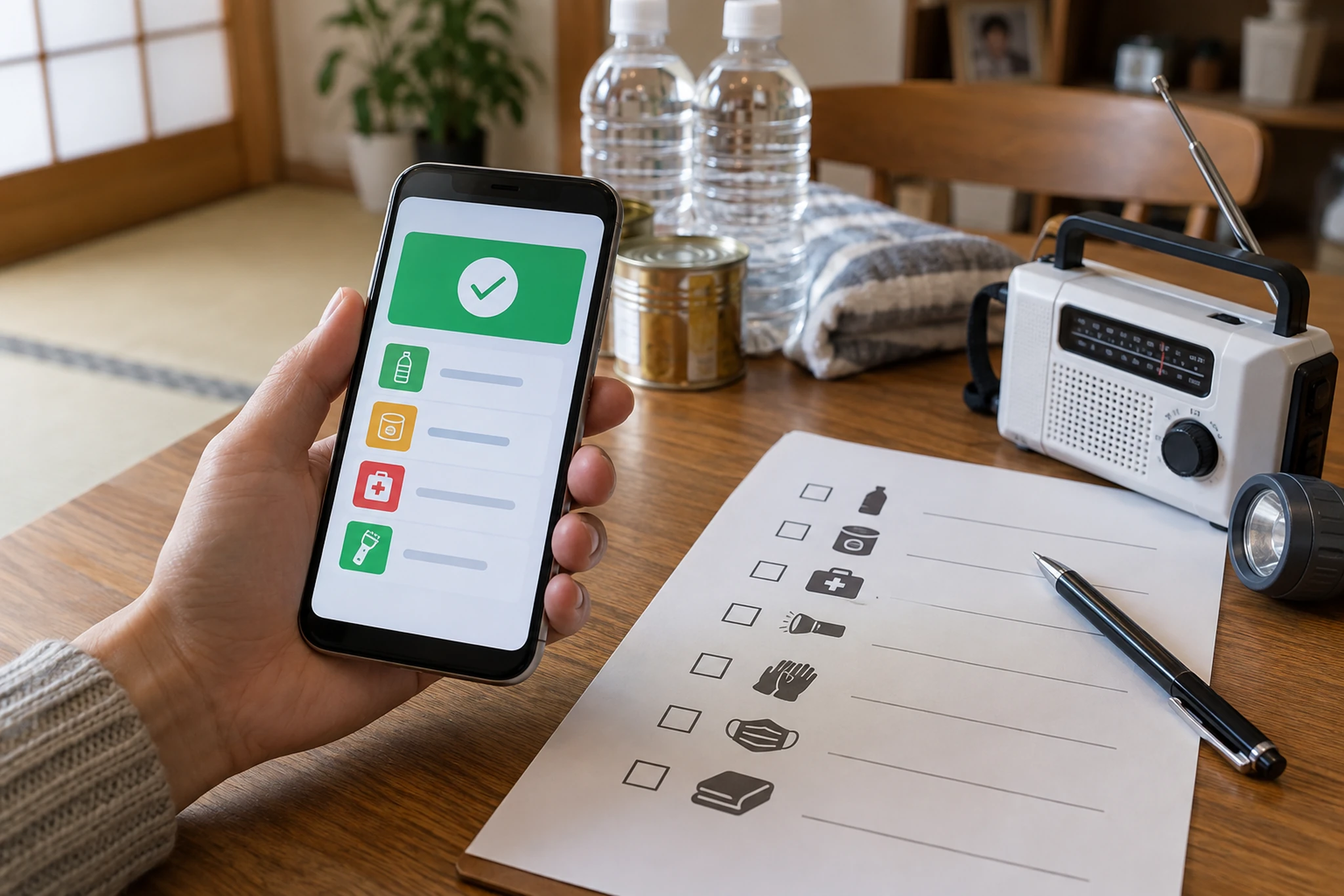 スマートフォンと防災ラジオと電池をチェックリストで確認する机
