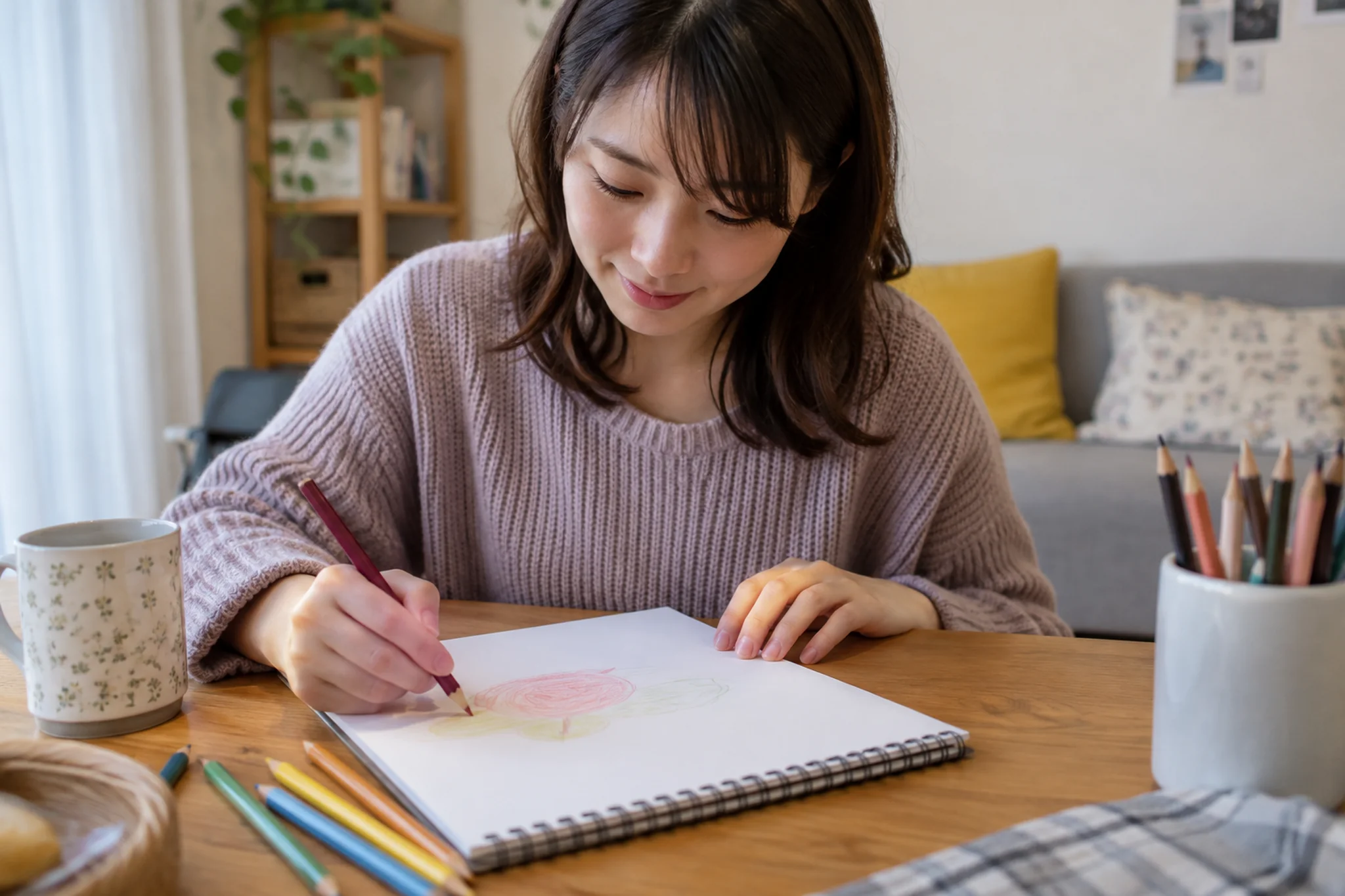 紙に小さな花の絵を描き、初回の試し方を考える場面