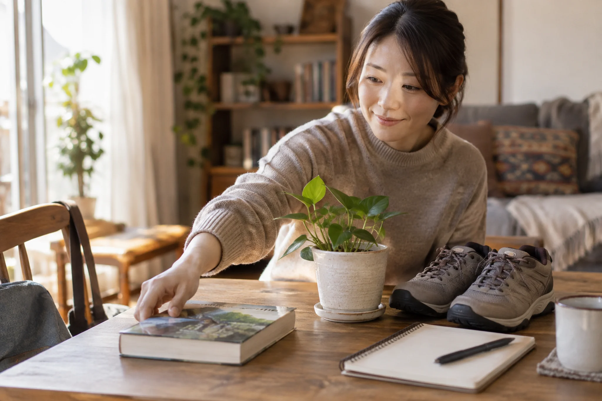 本や靴、植物など身近なものから興味を試す場面