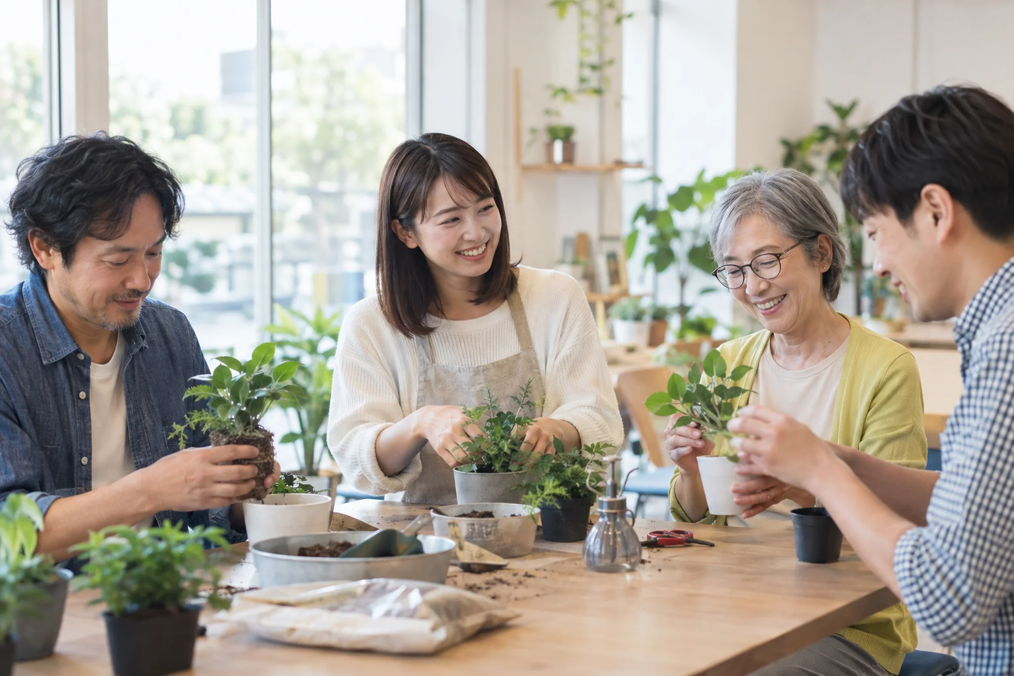植物の手入れを通じて複数の年代の人が交流する場面