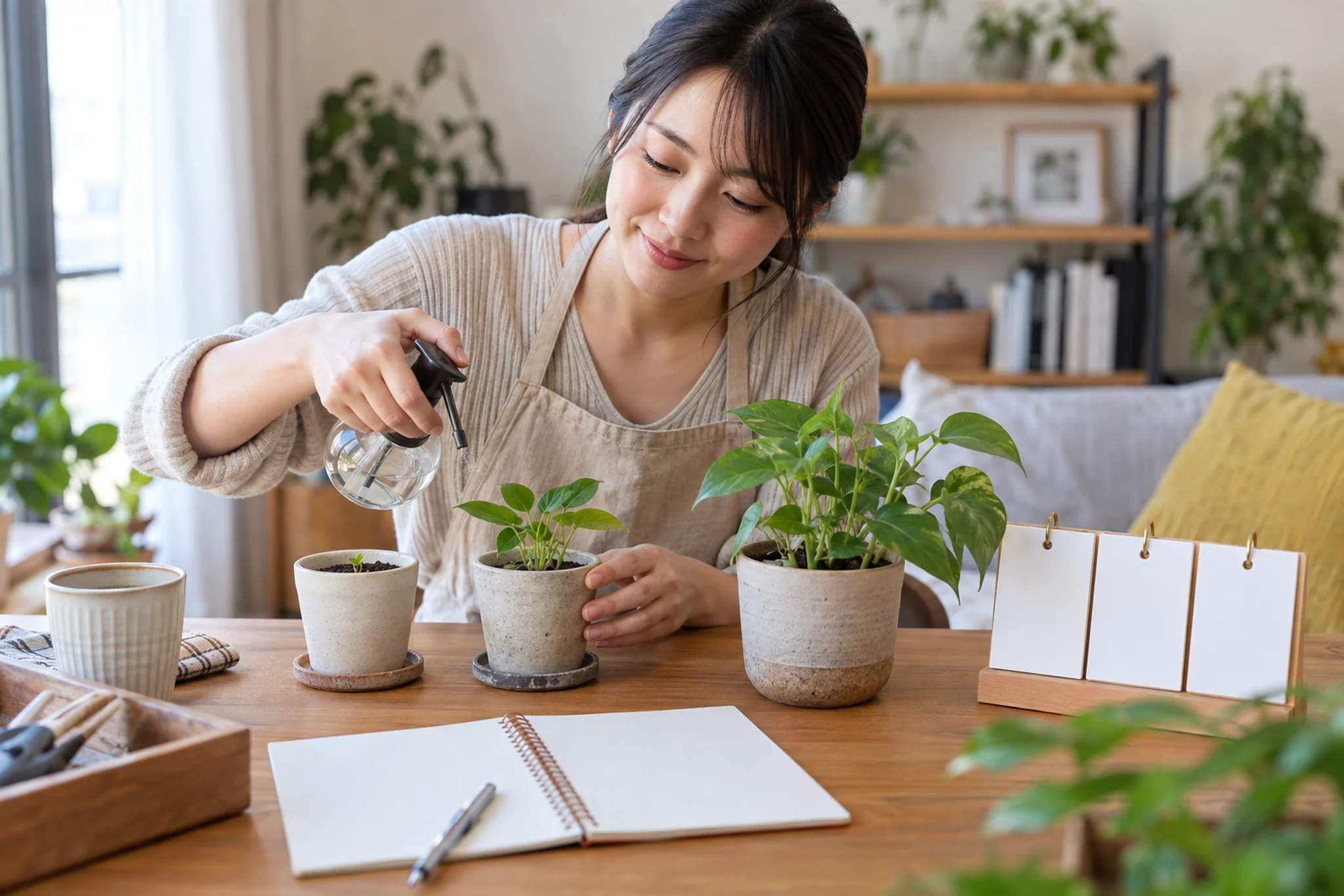 植物の変化を見ながら小さな習慣を続ける場面