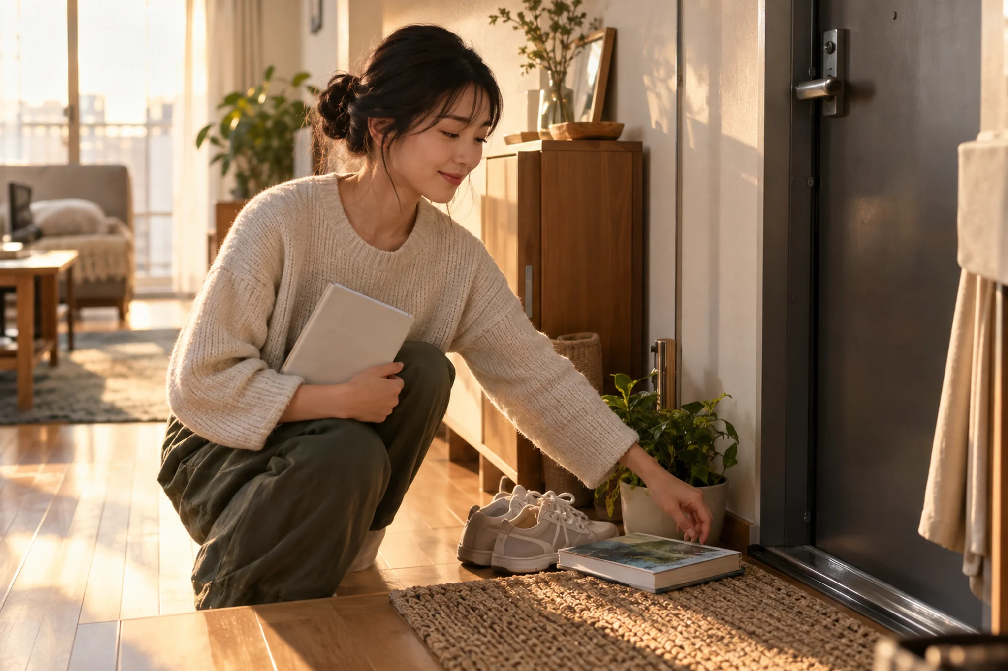 本や靴を見比べながら次の小さな一歩を選ぶ場面