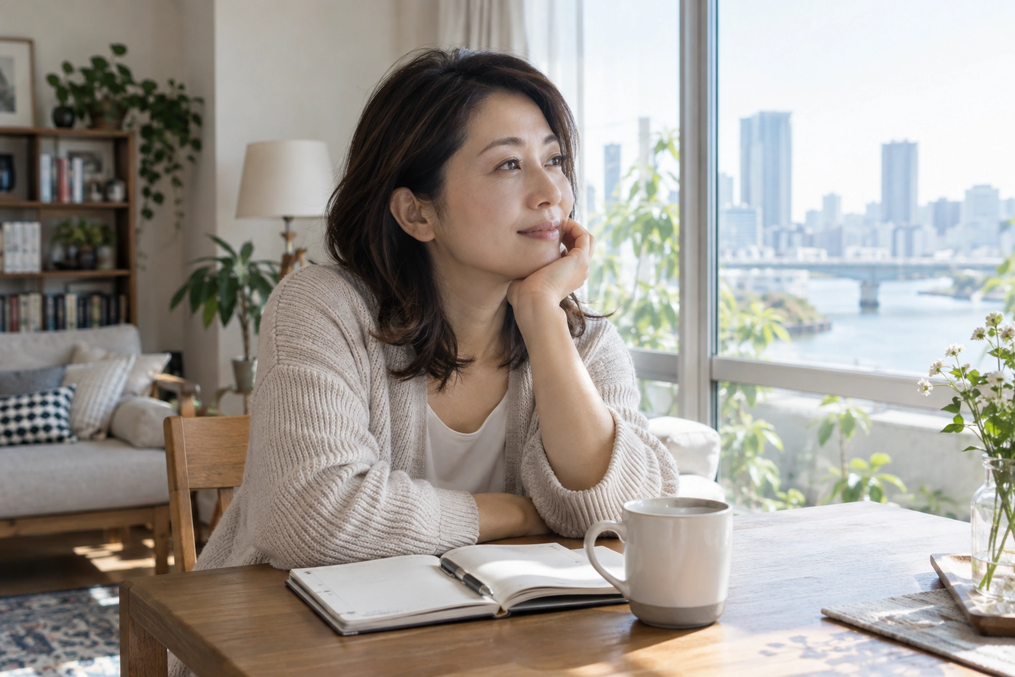一日の状態と気づきをノートに記録する女性