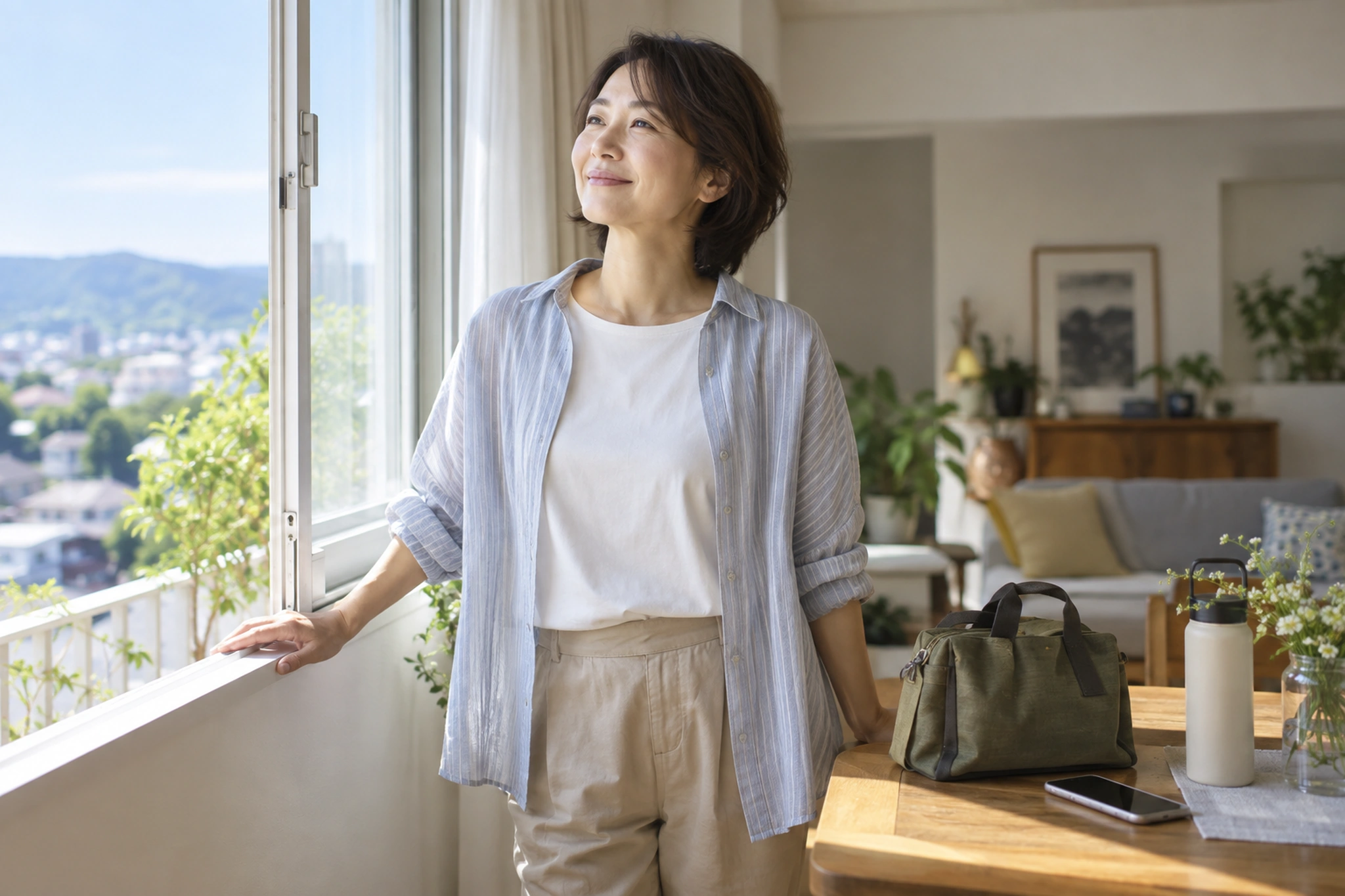 窓辺で外の空気を感じて出かける準備をする女性