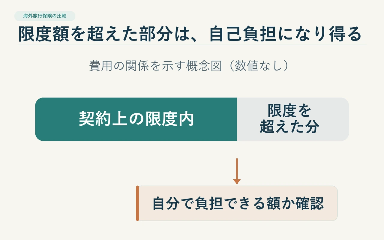 発生した費用のうち契約上の限度額を超える部分は自己負担になり得ることを示す図