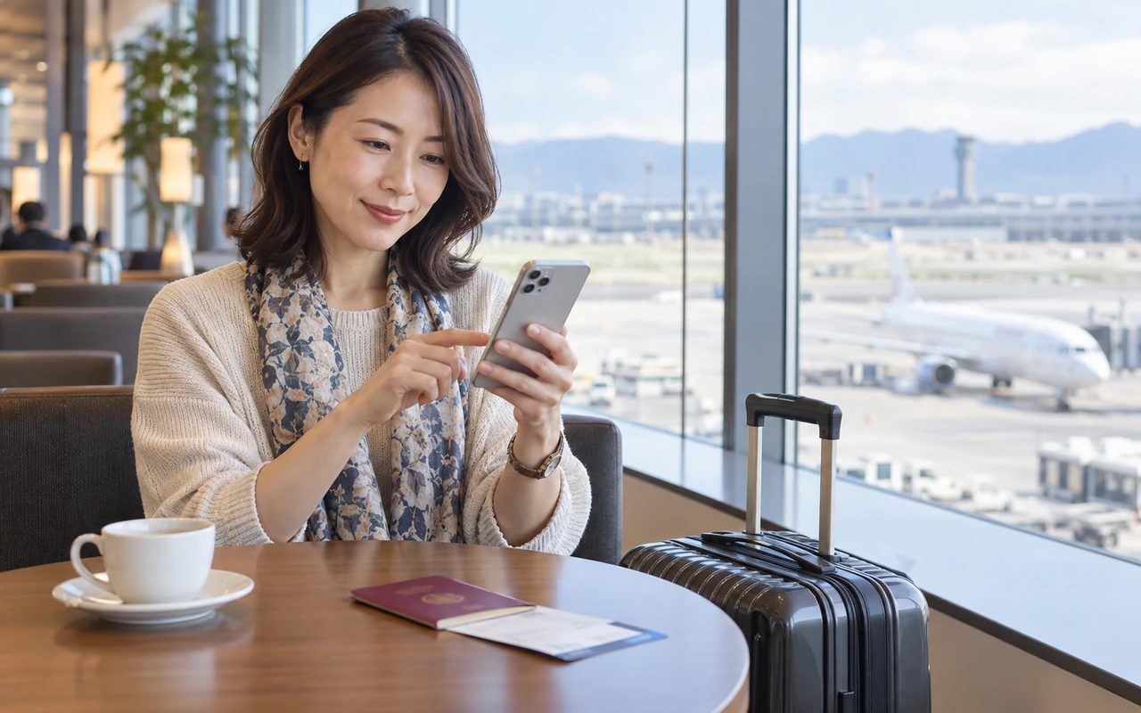 空港の出発ロビーで、旅行者がスマートフォンを確認し、テーブルにパスポートと搭乗券が置かれた場面