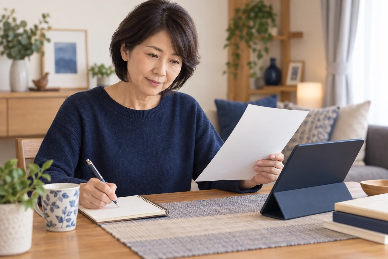 年金定期便と記録を見比べてメモする女性