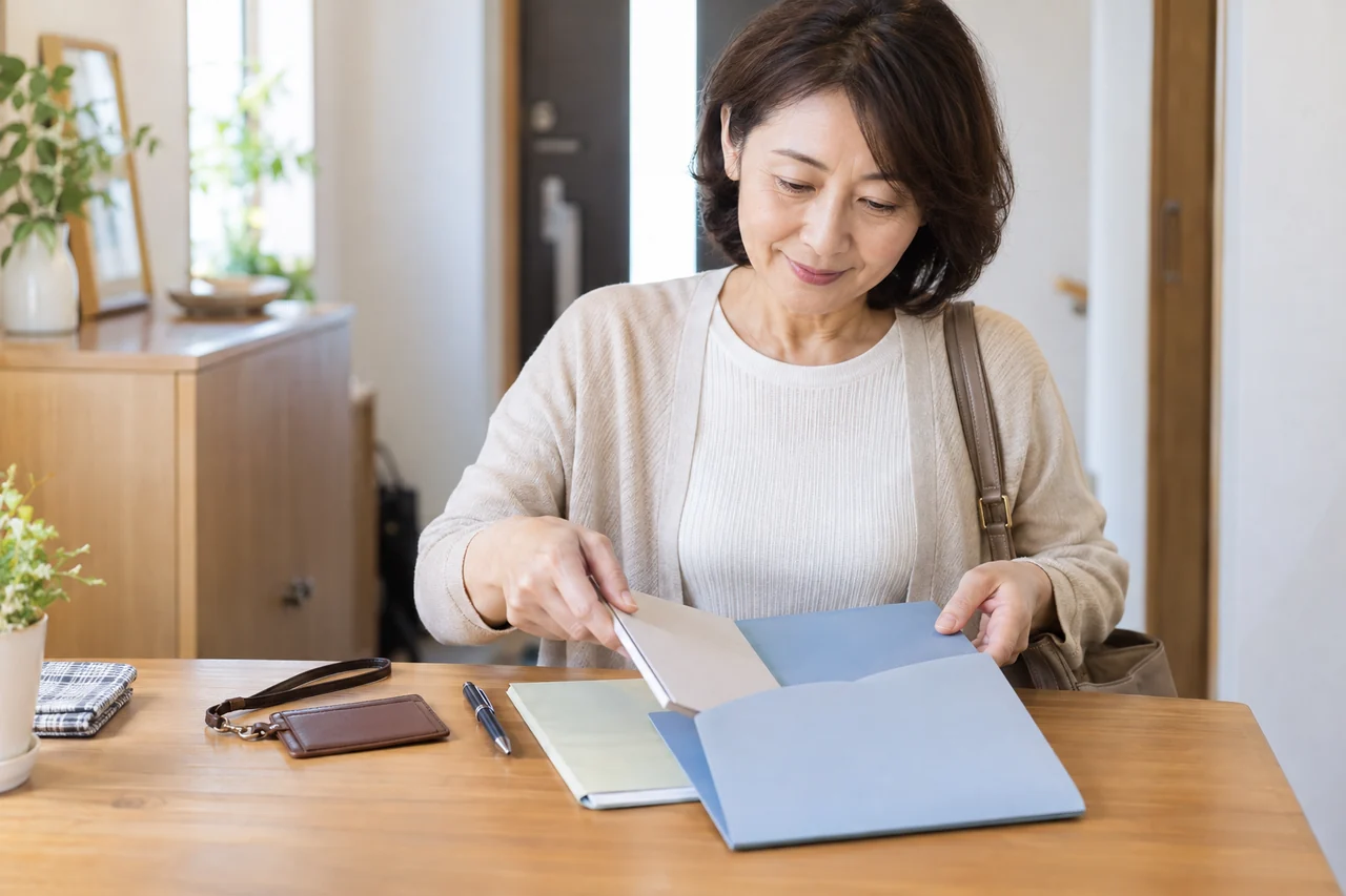 年金相談に持参する書類をフォルダーへまとめる女性