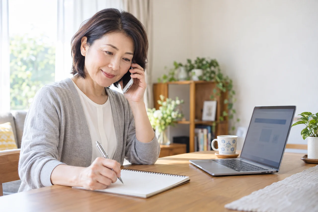 年金相談の電話をしながら質問をメモする女性