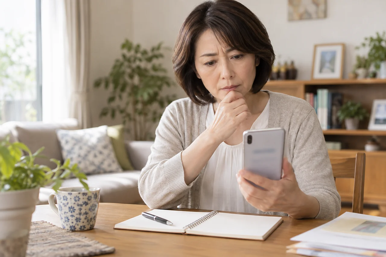 年金生活者支援給付金の記録をスマートフォンで確認する女性
