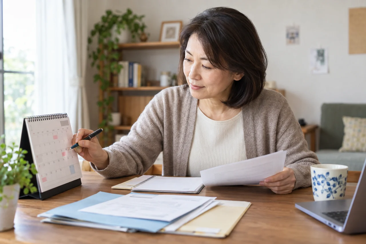 年金生活者支援給付金の請求手順をカレンダーに記録する女性