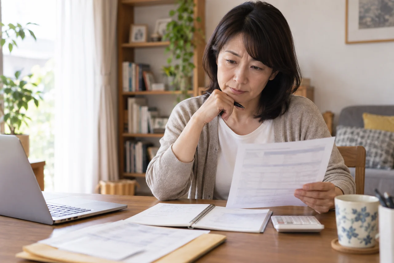 給与明細と厚生年金の記録を確認する女性