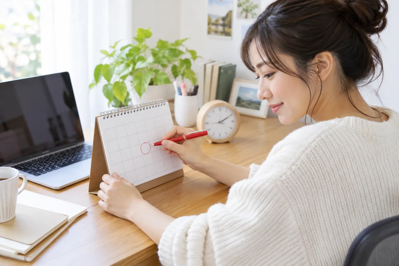 日本人女性がパソコンと時計を見ながら宅建試験の申込期限をカレンダーに記録している場面