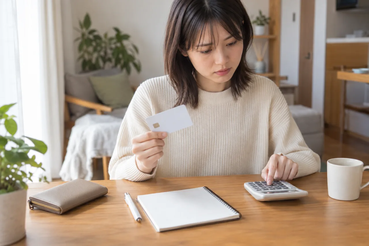 日本人女性が受験手数料を電卓と財布で確認している場面