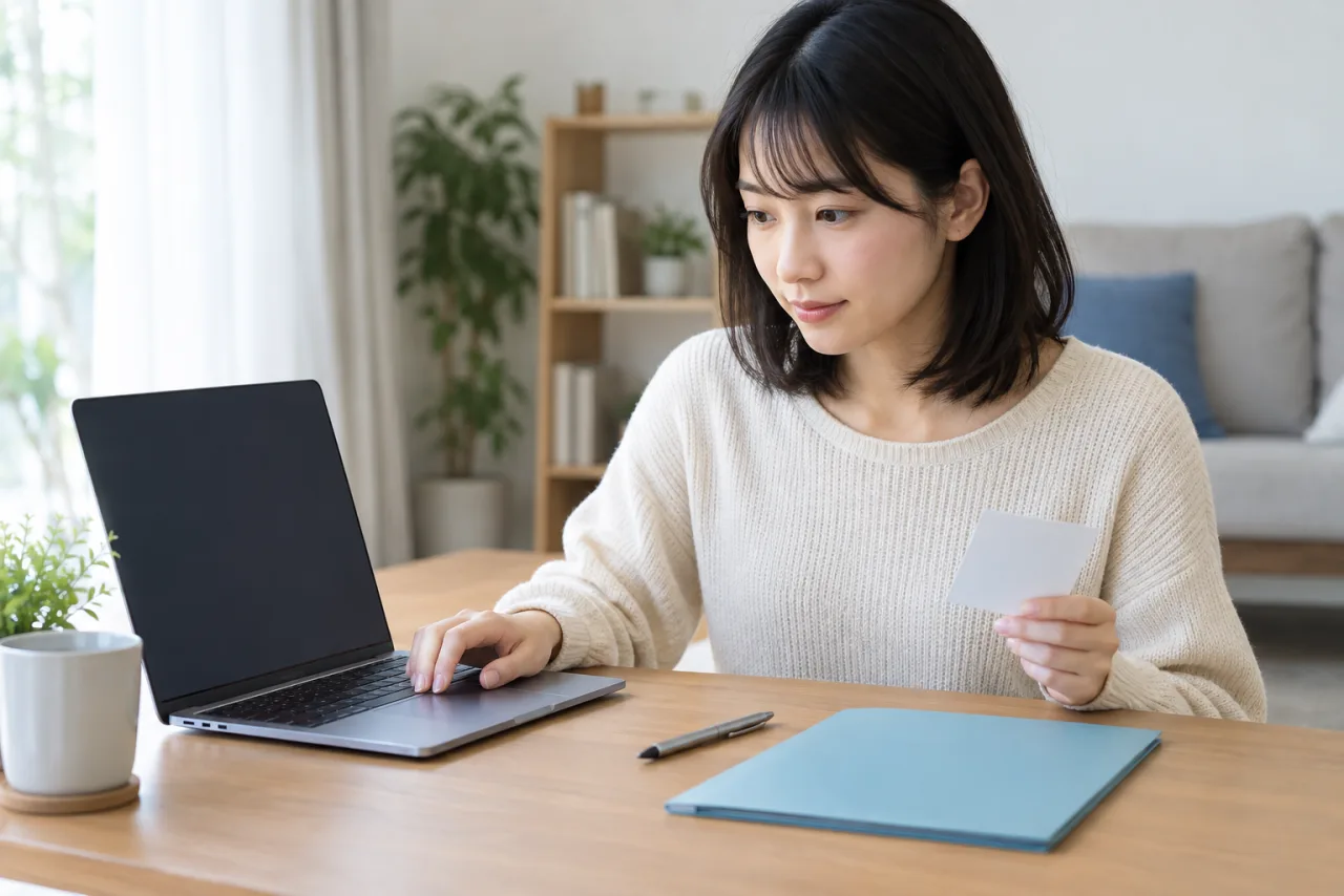 日本人女性がノートとパソコンで宅建試験の申込み後の確認記録を整理している場面