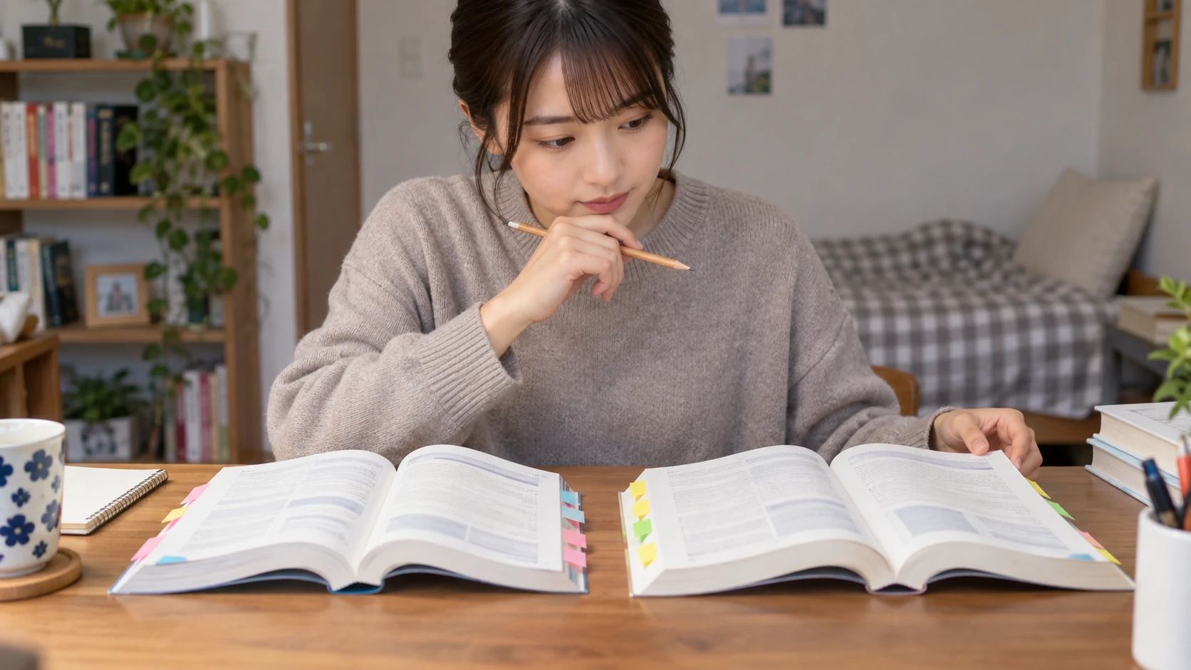 宅建のテキストで勉強する女性