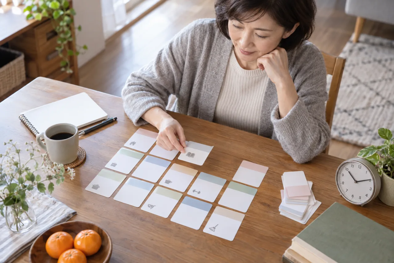 仕事と家事の間に簿記の短い学習時間を配置する週間計画のイメージ