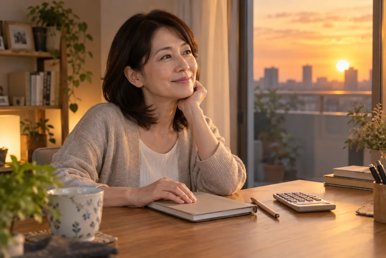 簿記の学習記録を閉じて一か月の進み方を振り返る日本人女性のイメージ
