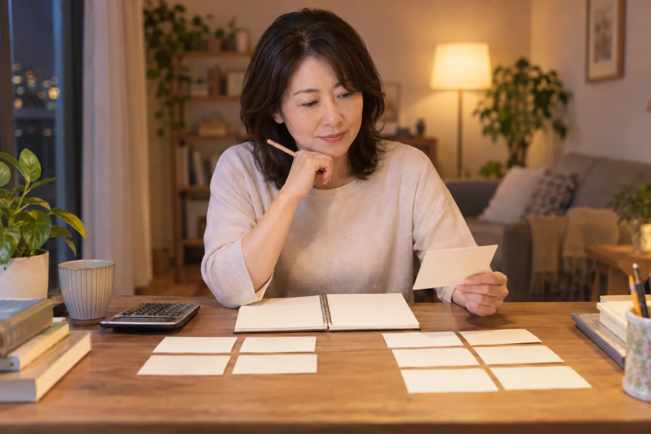 簿記3級と2級の学習を始めるか考える50代の日本人女性のイメージ