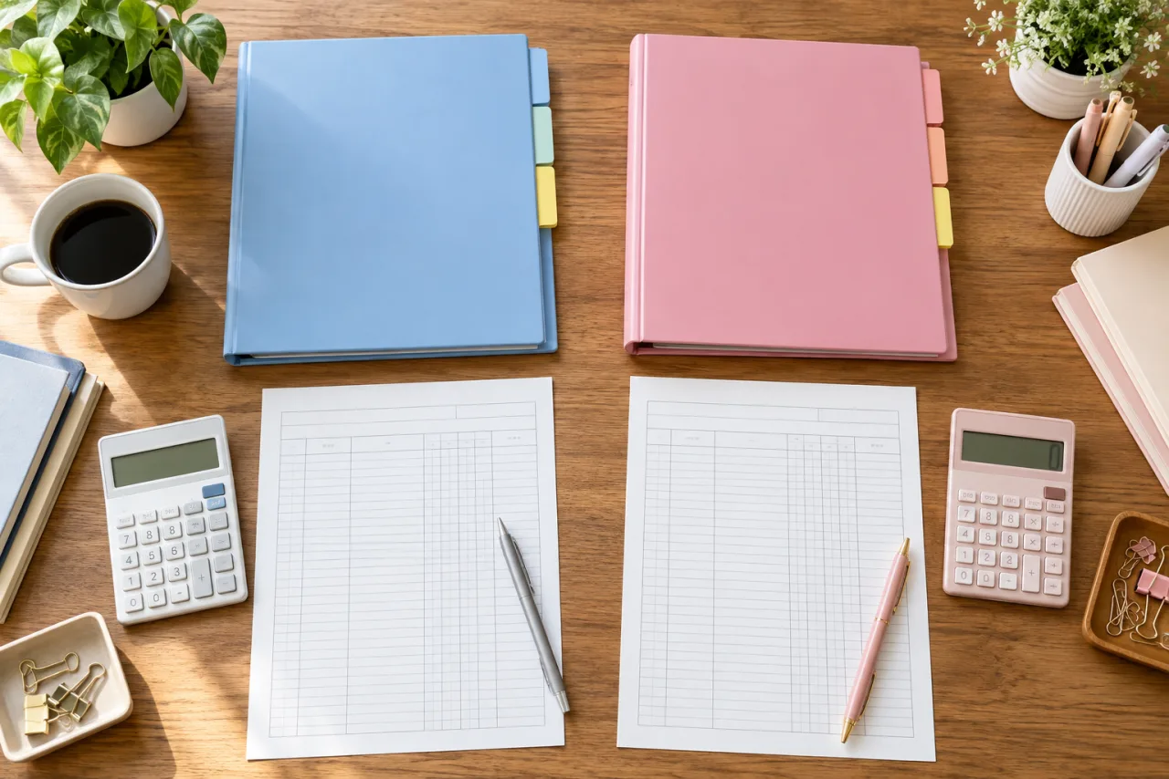 簿記3級と2級の学習範囲を2冊のファイルで比較する机上のイメージ