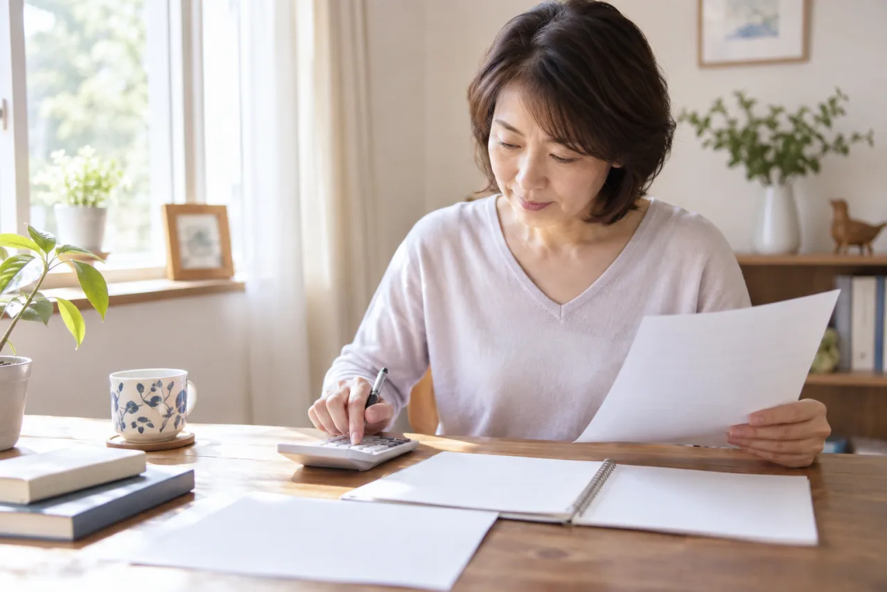簿記3級の基本仕訳を電卓と練習用紙で学ぶ日本人女性のイメージ