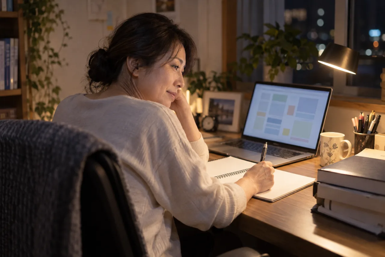 簿記2級の商業簿記と工業簿記を働いた後に学ぶ日本人女性のイメージ