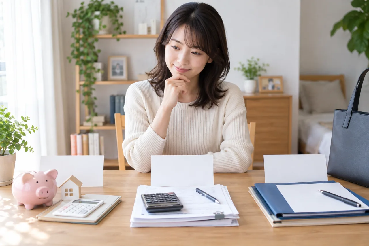 簿記の知識を家計管理と職場の数字にどう使うか比較する日本人女性のイメージ