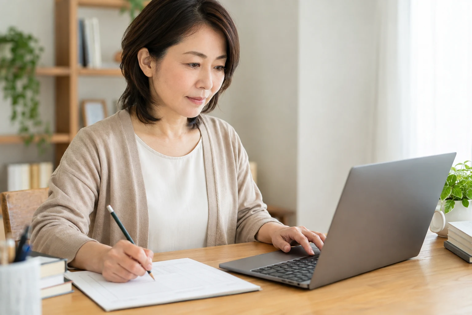 日本人女性が簿記の数字入力と紙の計算方法を比べる