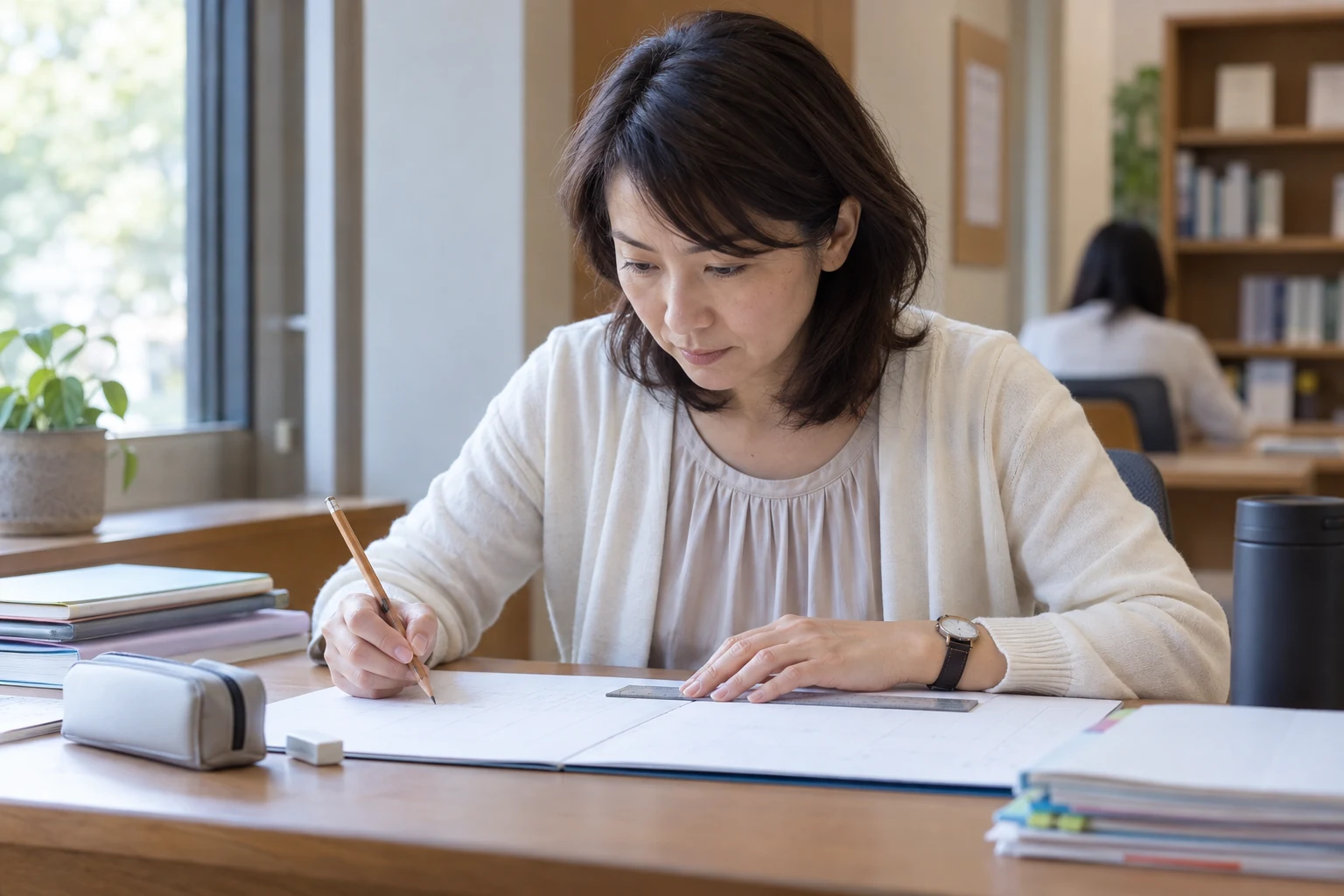 日本人女性が紙の問題用紙で簿記の学習計画を立てる