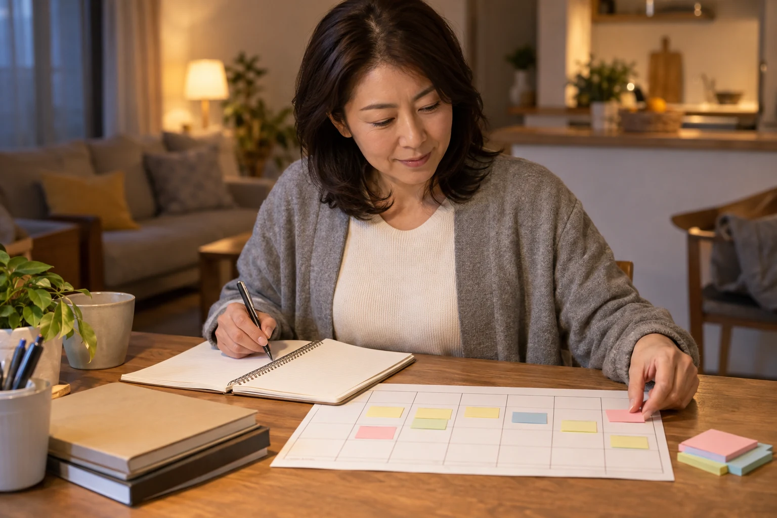 日本人女性が仕事の前後に簿記の学習時間割を組む