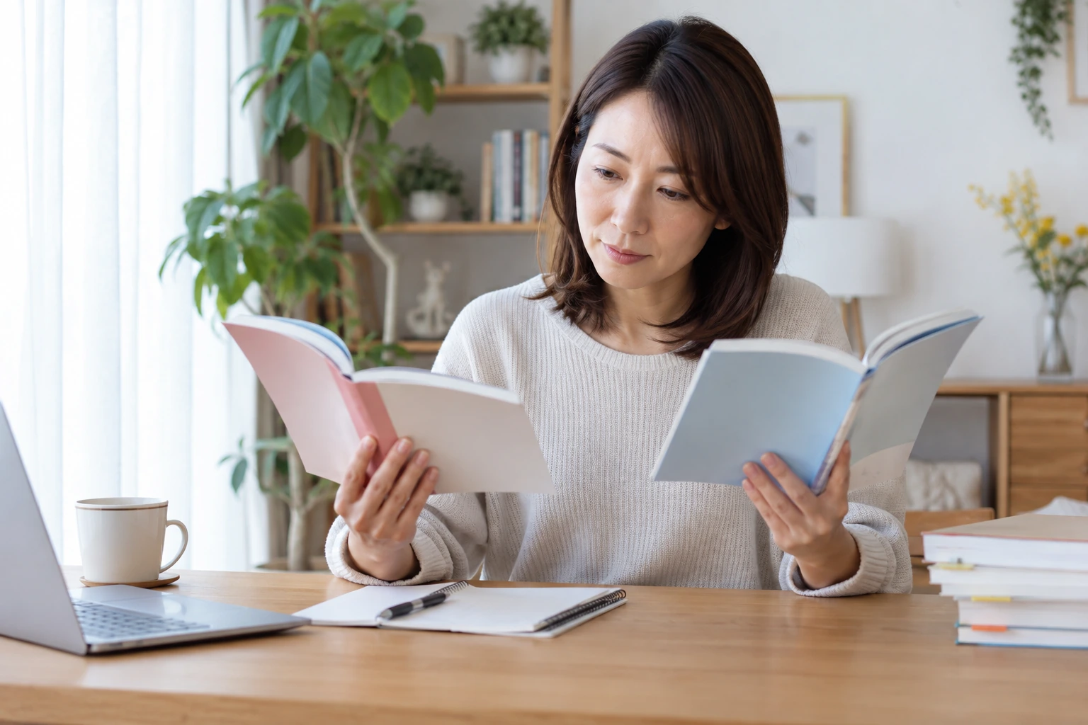簿記3級のテキストと問題集を机に並べて比較する初心者