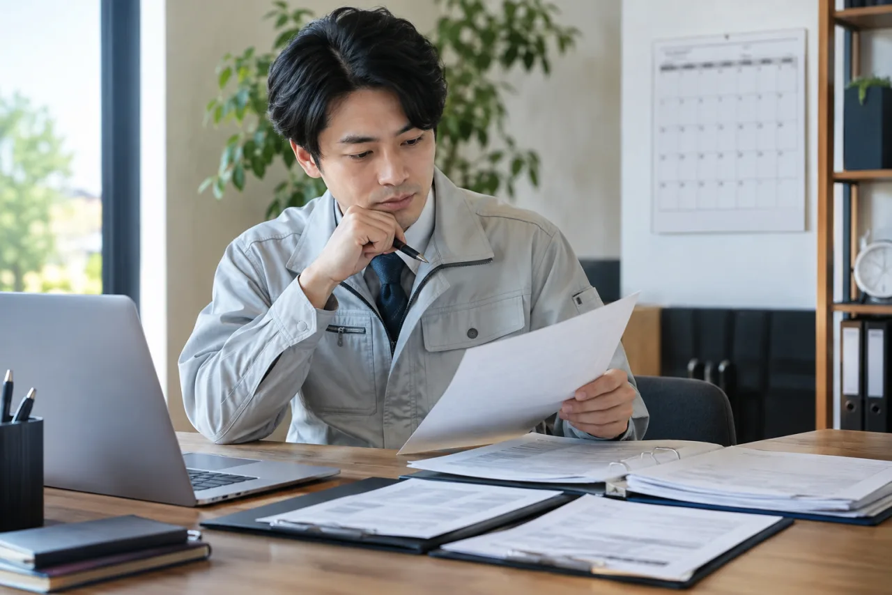 日本人女性が資格講座の広告と公式試験案内を見比べる
