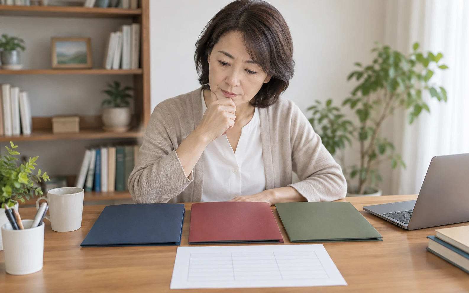 資格候補を費用や学習時間の表で比較する50代の日本人女性