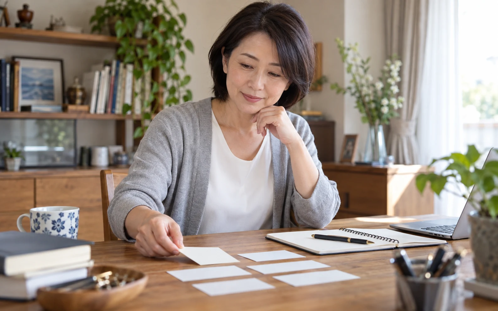 資格の種類と仕事で使う場面をノートへ整理する50代の日本人女性