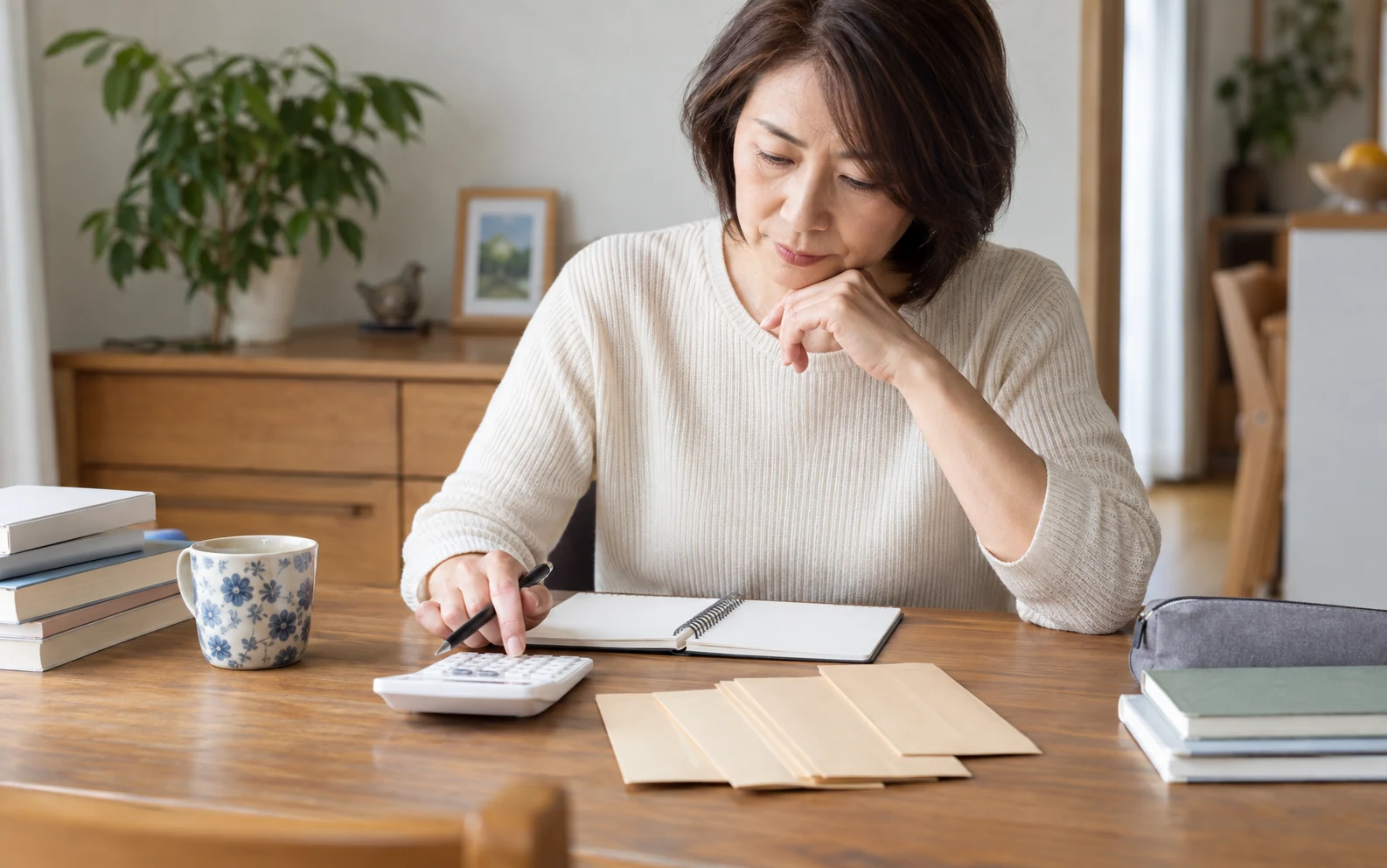 資格取得にかかる受験料や教材費を計算する50代の日本人女性