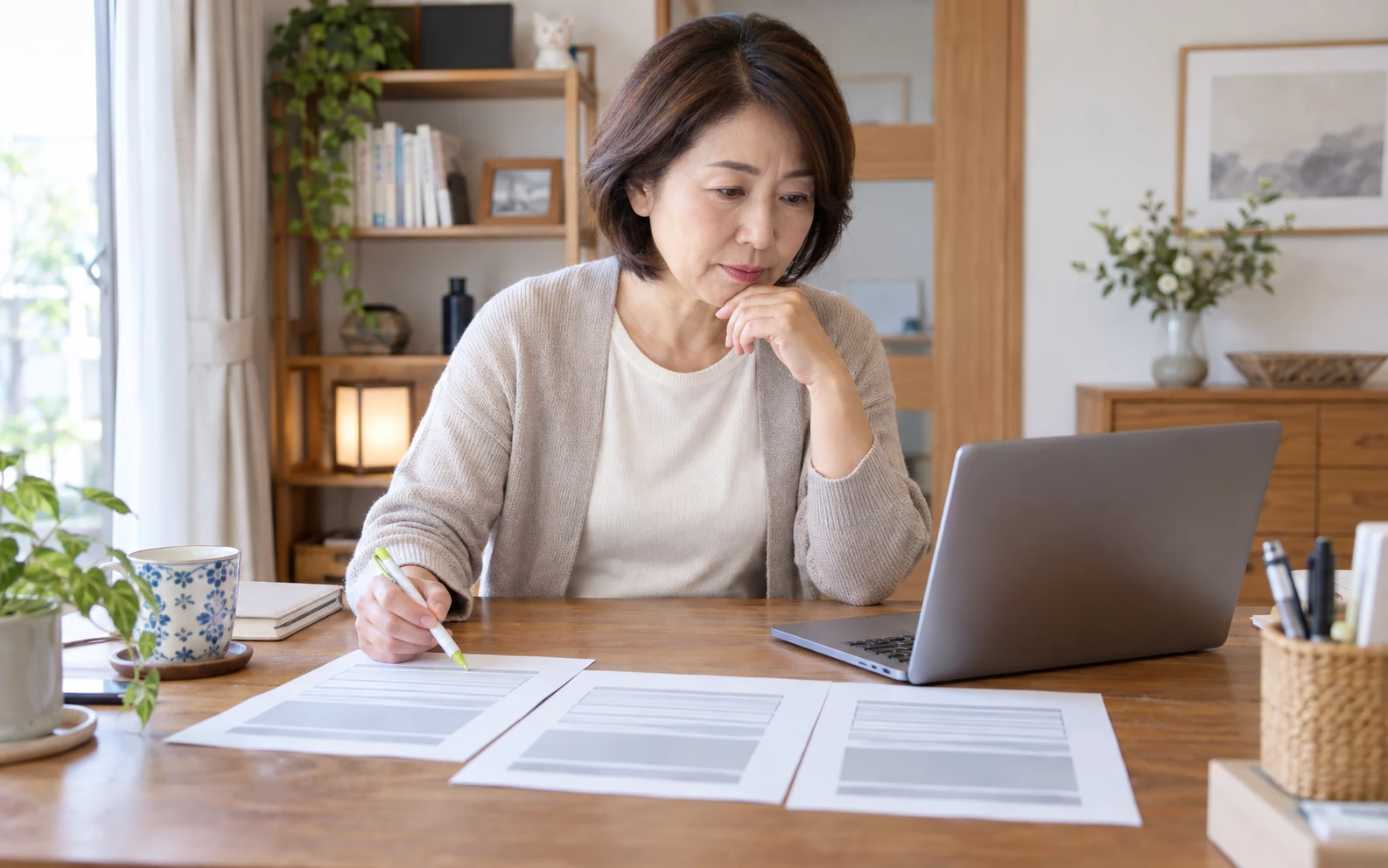 取得後の仕事で資格が使われるか求人票を確認する50代の日本人女性