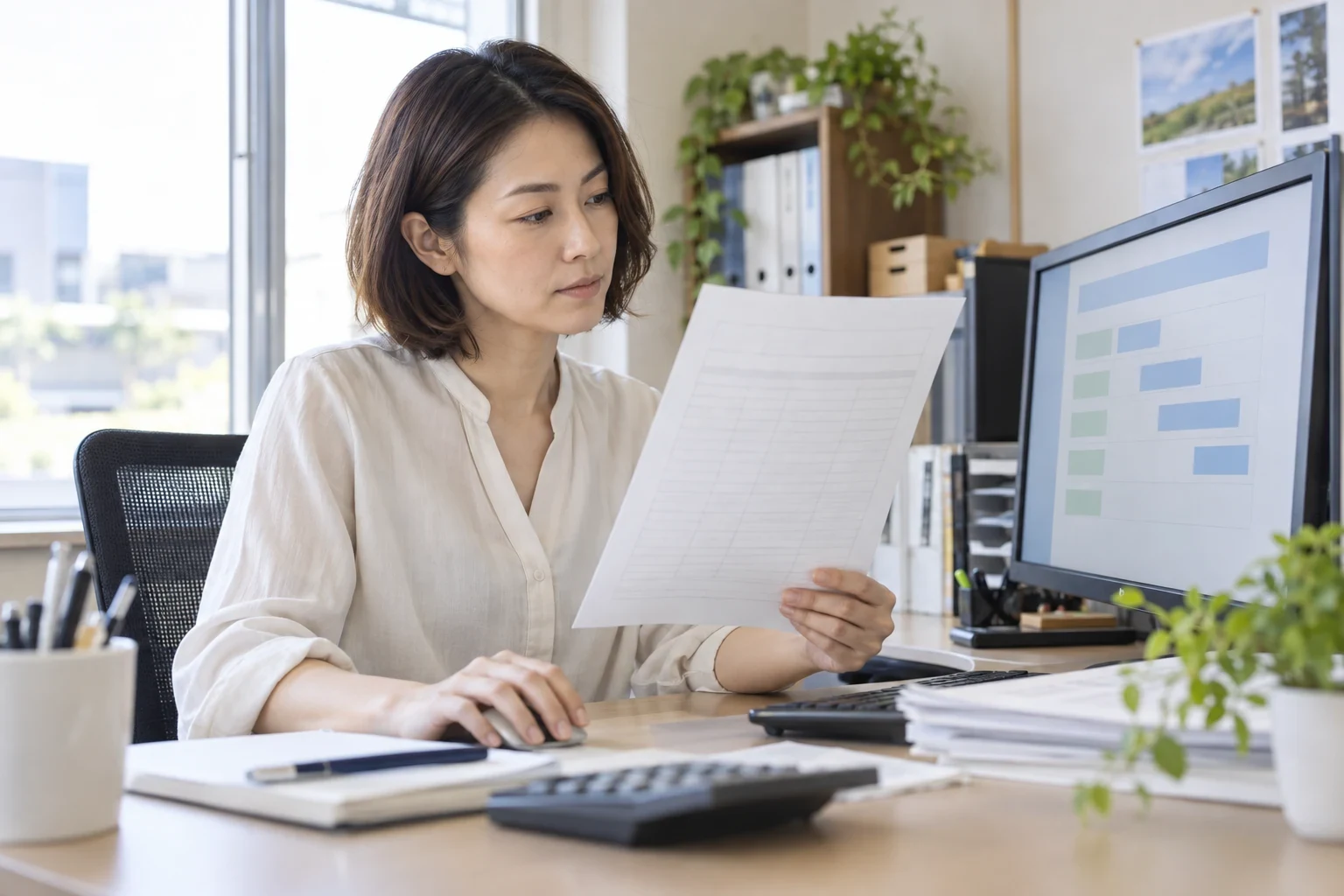 営業事務の担当者が請求書と入金予定を照合している仕事場面