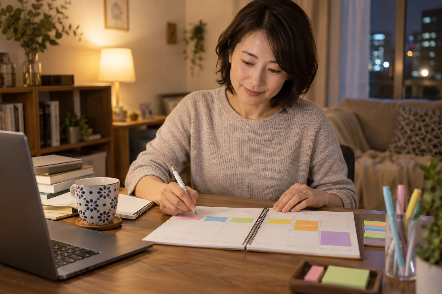 働きながら平日の短時間と休日の復習を週間計画に置いている手元