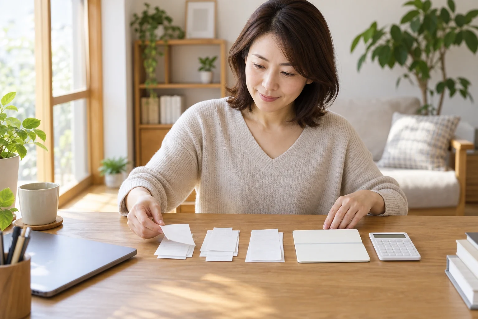 レシートと通帳を並べて取引の内容を確認している手元