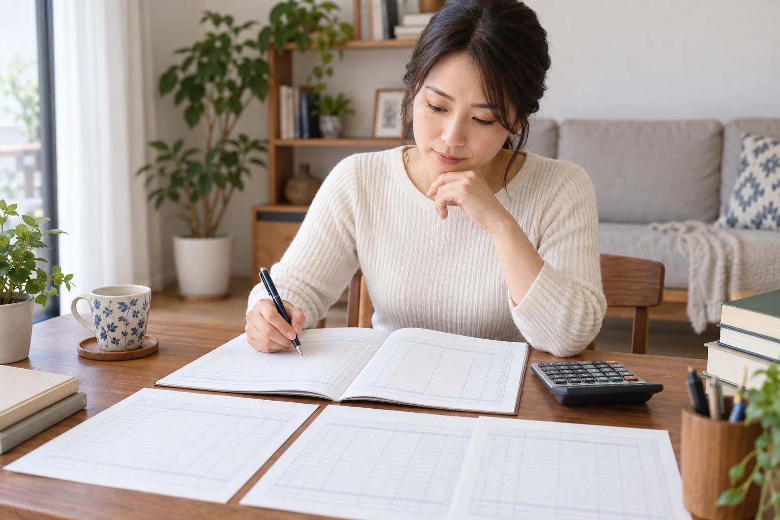 簿記初心者が仕訳問題を紙に書いて練習している様子