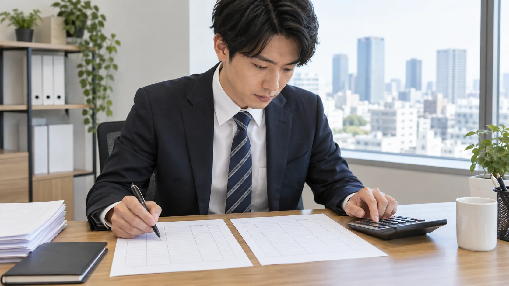 簿記初心者が試算表の合計を電卓で確認している様子