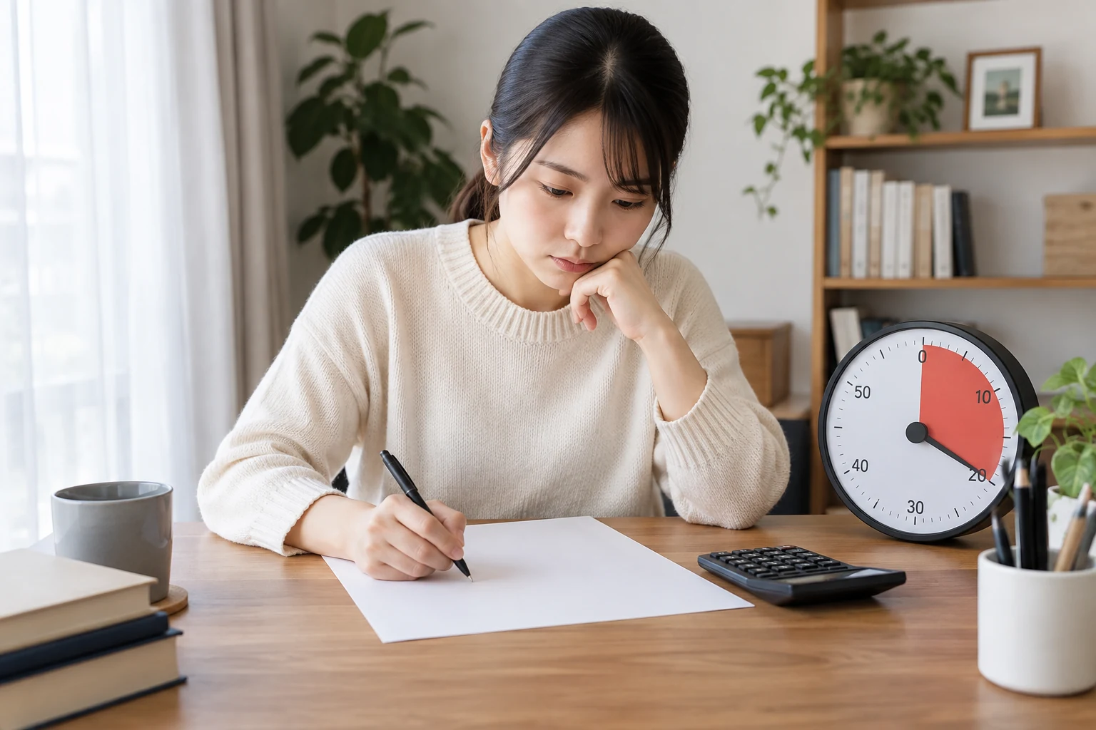 簿記3級の練習問題を60分のタイマーで解いている様子