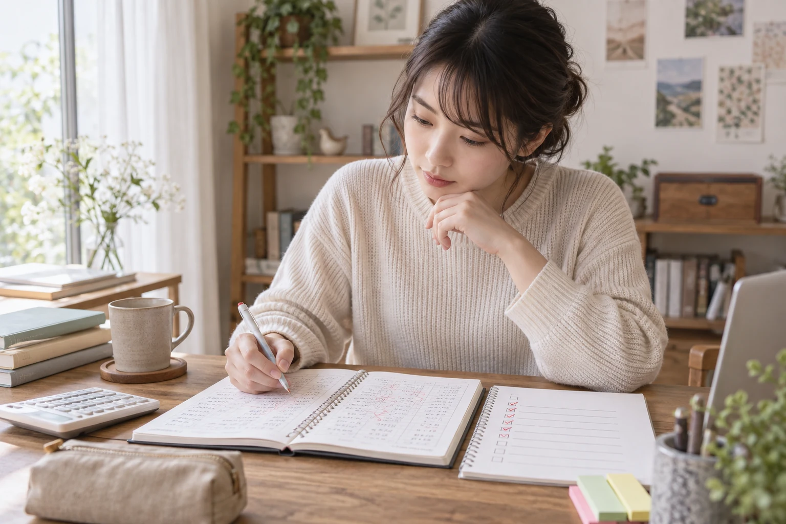 簿記の模試で間違えた問題を復習リストにまとめている様子