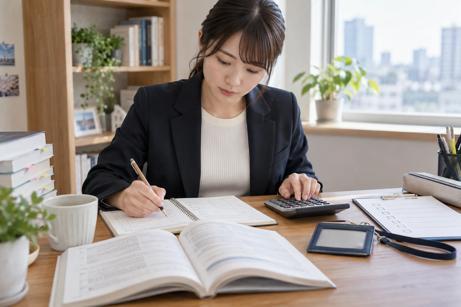簿記3級の受験前に電卓と持ち物を確認している様子